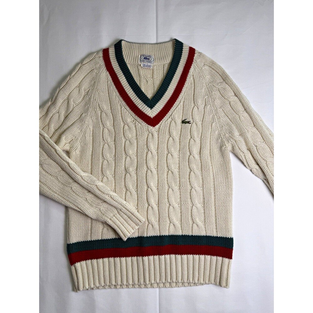 Izod Lacoste Women's Cream Acrylic Cable-Knit V-Neck Pullover Sweater L Vintage